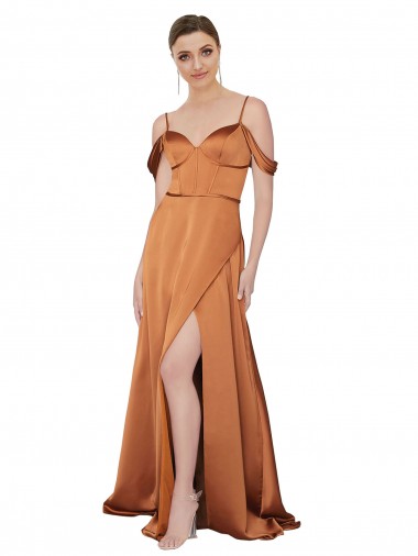 Outlet Silky Satin Prom Dress with Bustier Bodice